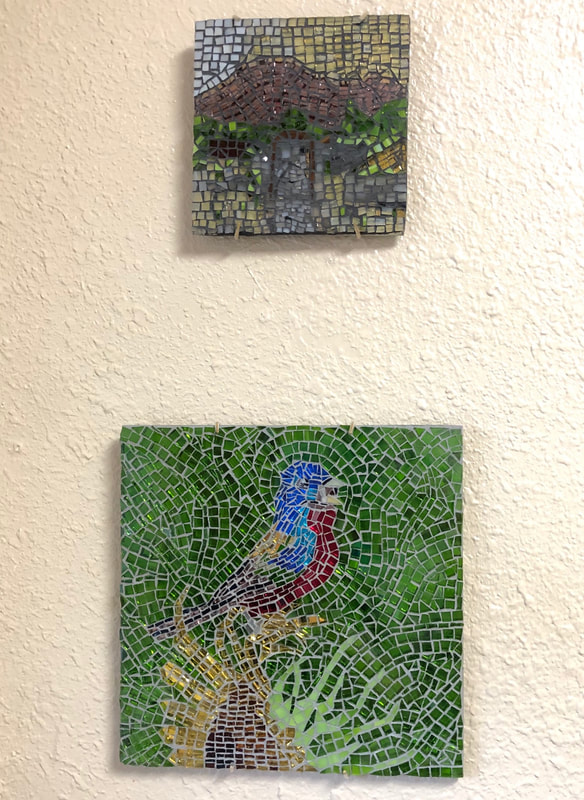 Photo of both the Pompeii mosaic and the painted bunting mosaic in order to see relative sizes.